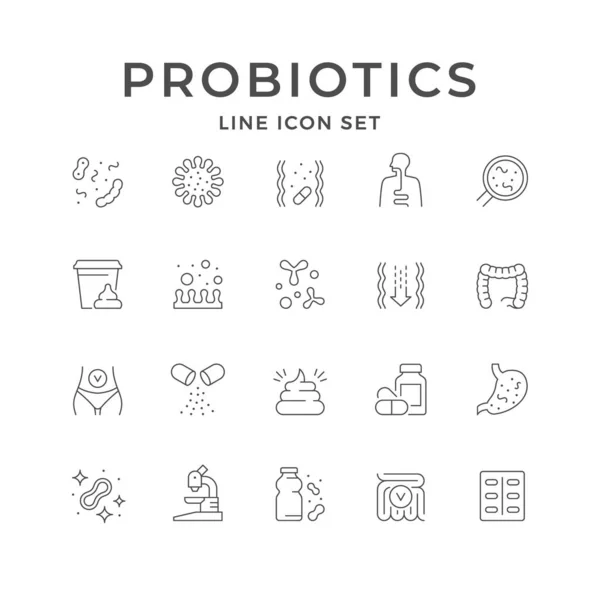 Pasang Ikon Garis Probiotik Yang Diisolasi Dengan Warna Putih Suplemen - Stok Vektor