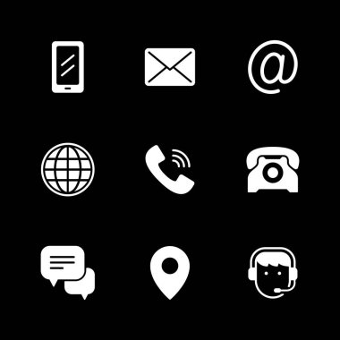 Set glyph icons of contact us isolated on black. Phone symbol, email sign, globe, call center, location pin, online chat, envelope, mobile phone. Vector illustration
