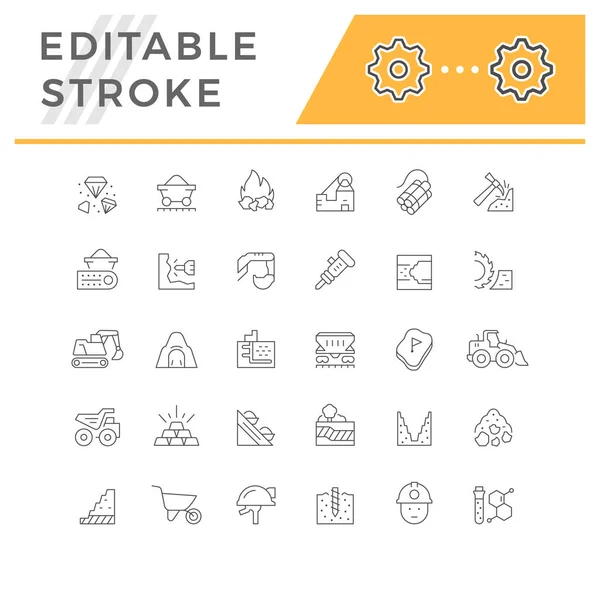 Stel Lijn Pictogrammen Van Mijnbouw Geïsoleerd Wit Wagen Edelsteen Goud — Stockvector