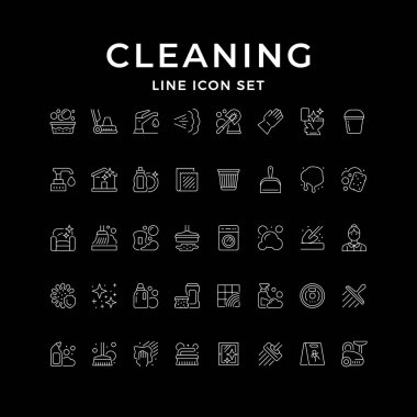 Temizlik çizgisi simgelerini siyaha ayır. Elektrikli süpürge, fırça, sprey, süpürge, tuvalet, cam temizleme, antibakteriyel, temizlikçi, koruyucu eldiven, köpük ve baloncuk. Vektör illüstrasyonu
