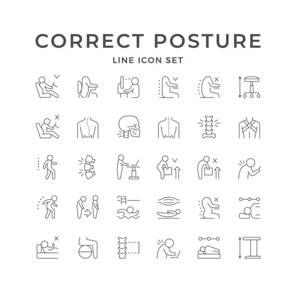 Set Line Icons Correct Posture Isolated White Driving Position Spine — Stockvector