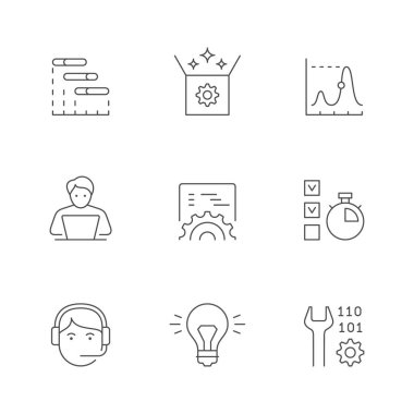 Set line icons of devops isolated on white. Software development and operations, idea, launch process, gantt chart, support, programmer, graph. Vector illustration