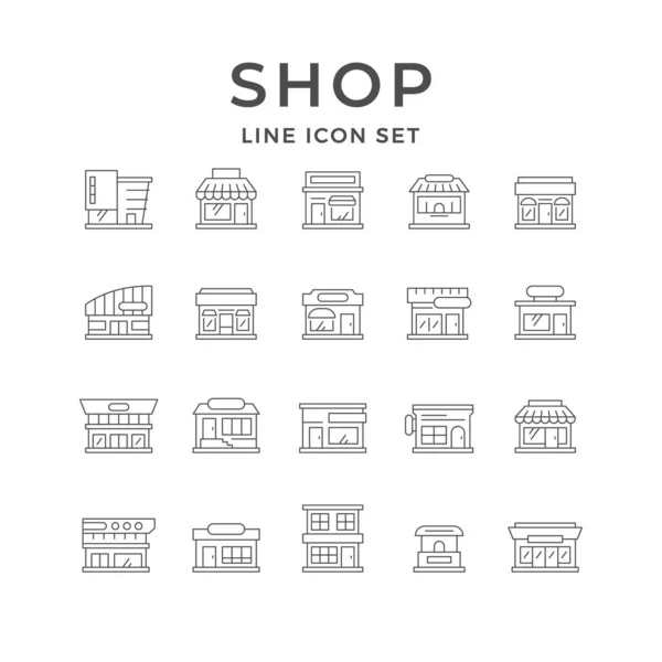 Setzen Sie Zeilensymbole Des Ladengebäudes Isoliert Auf Weiß Einkaufszentrum Geschäft — Stockvektor