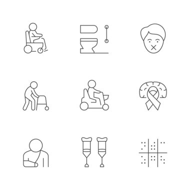 Set line icons of disabled people isolated on white. Electric scooter, person with mental disability, toilet, walker for senior, braille, injured patient. Vector illustration