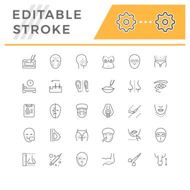 Set line icons of plastic surgery isolated on white. Facelift, penis enlargement, rhinoplasty, anti age procedure, hair transplantation, cosmetology injection. Editable stroke. Vector illustration