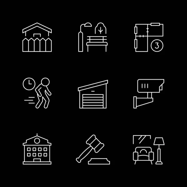 Set Line Icons Real Estate Isolated Black House Fence Park — Vector de stock