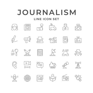 Set line icons of journalism isolated on white. News, microphone, megaphone, conference, interview, rumor, investigation, satellite dish, television, journalist. Vector illustration