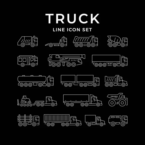 Set line icons of trucks isolated on black. Container trailer, dumper, garbage truck, concrete mixer, van, fire engine, career dumper, tow truck, tanker. Freight transportation. Vector illustration