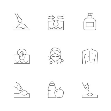 Set line icons of acne isolated on white. Lotion, face cleaning, dermatology, healthy food, skin problem, laser treatment. Vector illustration