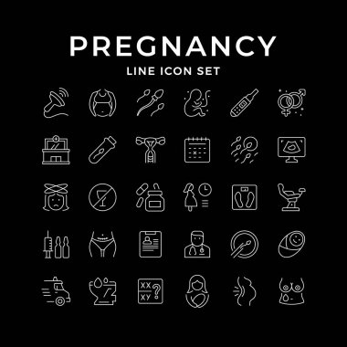 Set line icons of pregnancy isolated on black. Ultrasound test, ambulance car, ultrasound test, artificial insemination, cesarean section, painkillers, sperm, urination. Vector illustration