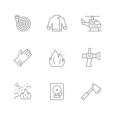 İtfaiyeciliğin simgelerini beyaza ayır. Yangın alarmı, yangın söndürme süreci, alev, balta, hortum hortumu, helikopter, ceket, koruyucu eldiven. Vektör illüstrasyonu