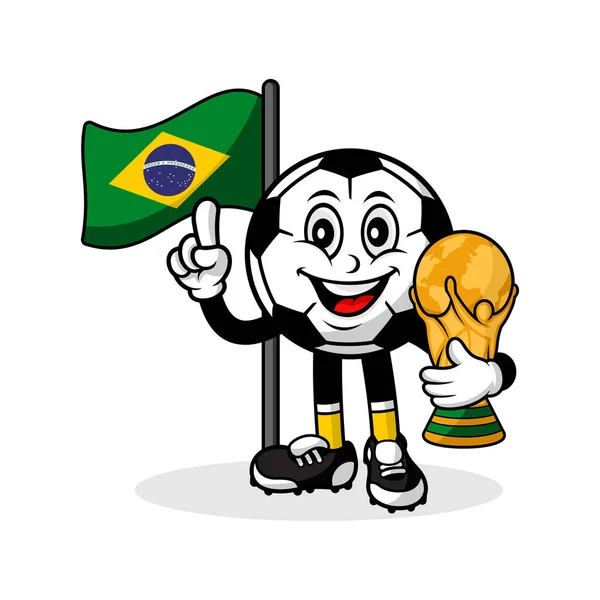 Mascote Desenho Animado Futebol Bandeira Brasil Com Troféu Vencedor Mundo — Vetor de Stock