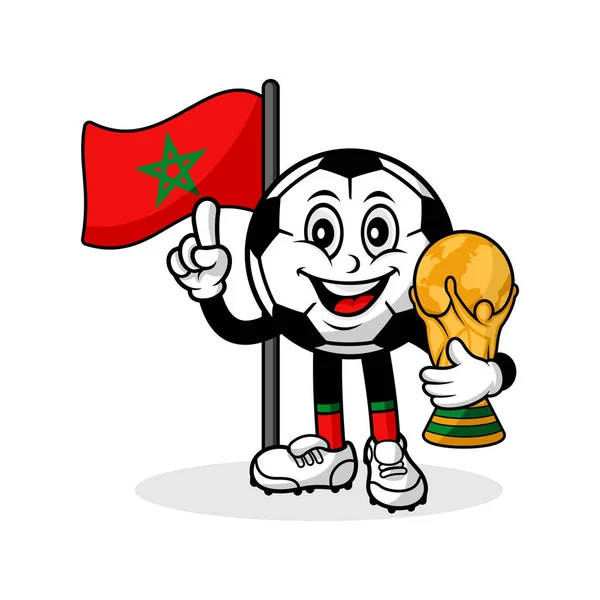 吉祥物漫画足球摩洛哥国旗与奖杯世界冠军 — 图库矢量图片