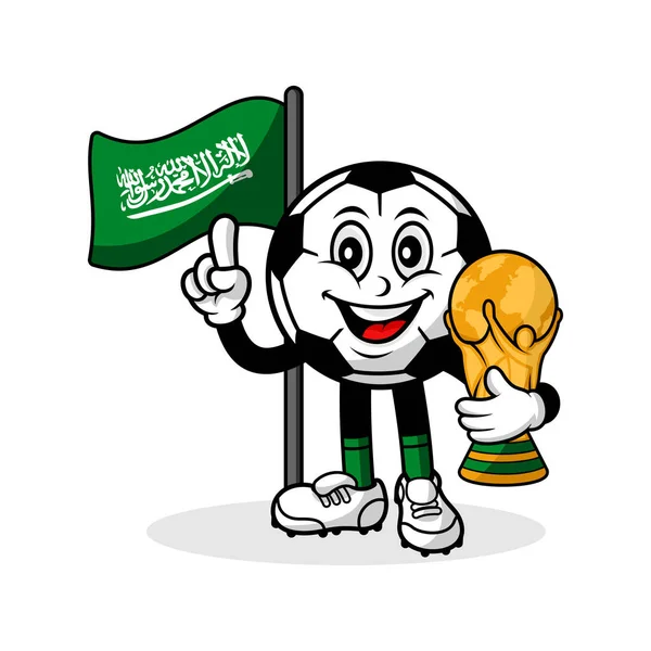 吉祥物卡通足球沙特阿拉伯国旗与奖杯世界冠军 — 图库矢量图片