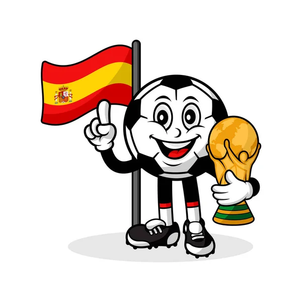 吉祥物卡通足球西班牙国旗与奖杯世界冠军 — 图库矢量图片