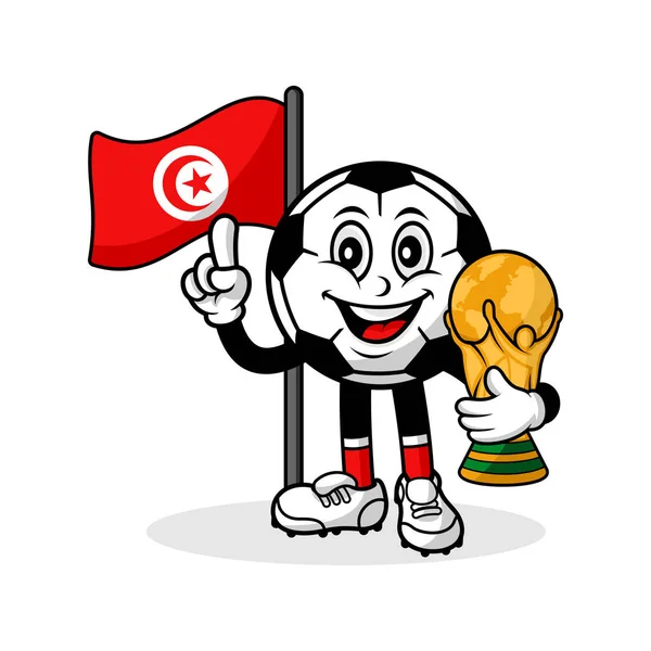吉祥物卡通足球突尼斯国旗与奖杯世界冠军 — 图库矢量图片