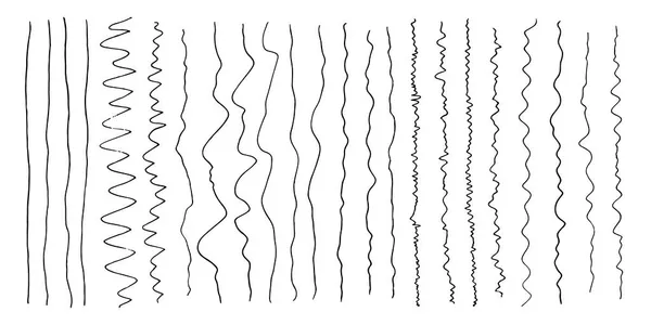 手描きライナー鉛筆ベクトル波線イラスト 波のストロークの落書きスタイルセットは ブラシモノクロペンマーカースクリブルヴィンテージ装飾 白地に隔離された — ストックベクタ