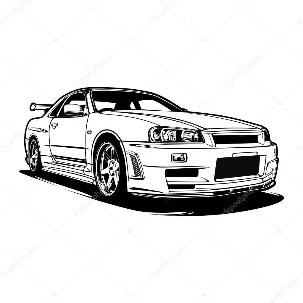 Black And White Car Illustration For Conceptual Design. Good for poster, sticker, t shirt print, banner.