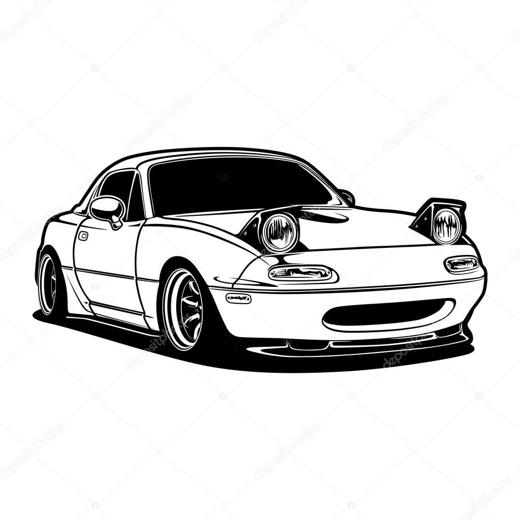 Black And White Car Illustration For Conceptual Design. Good for poster, sticker, t shirt print, banner.