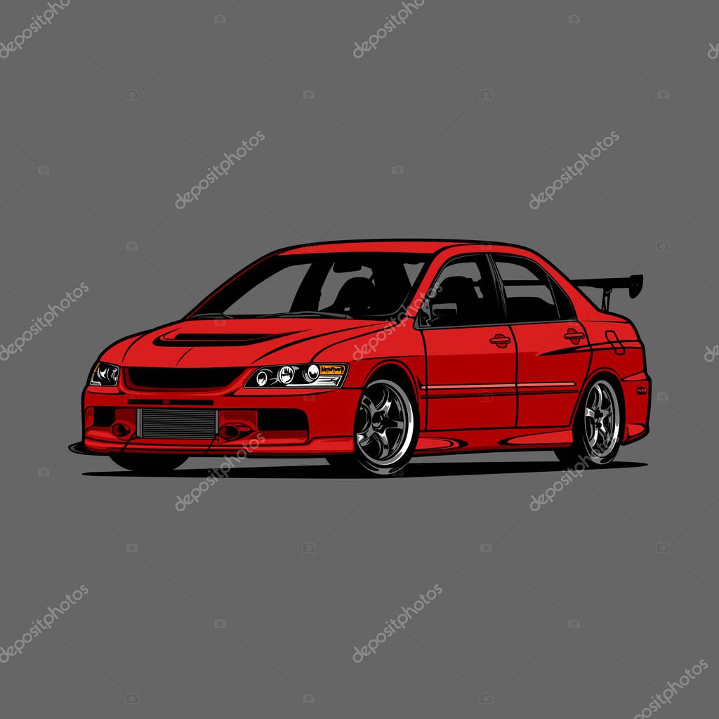 Cartoon car lancer evolution vector illustration for conceptual design. Good for poster, sticker, t shirt print, banner.