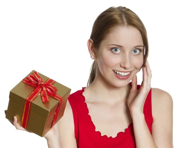 Surprised Young Woman with Gift Box — Stock Photo, Image