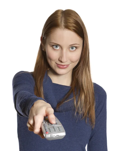 Woman with remote — Stock Photo, Image