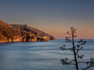 Manarola 'da gün batımı ve İtalya' da Cinque Terre 'de körfez