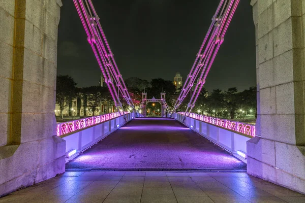 Antiguo Puente Iluminado Sobre Río Singapur Por Noche — Foto de Stock