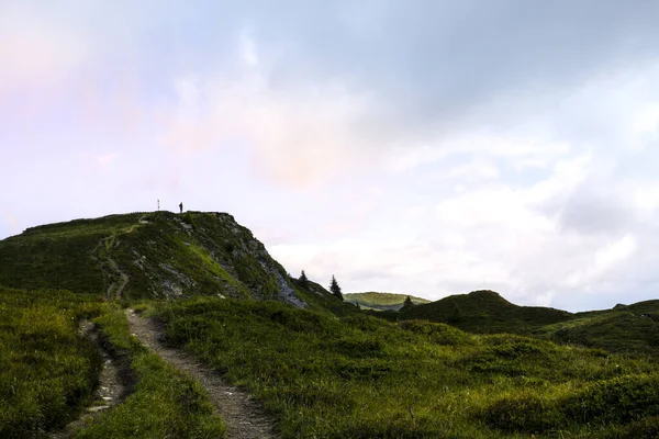 Lonely Hiker Top Peak Beverin National Park Switzerland ロイヤリティフリーのストック画像