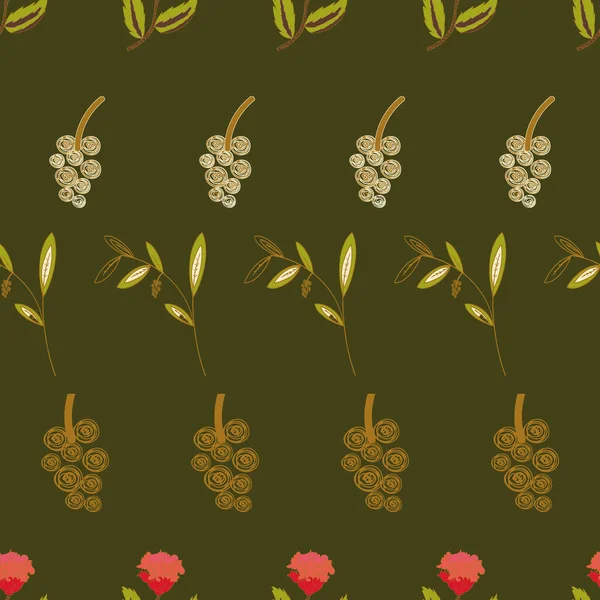 ヴィンテージブドウ、葉や赤の花シームレスな繰り返しパターンプリント背景 — ストックベクタ