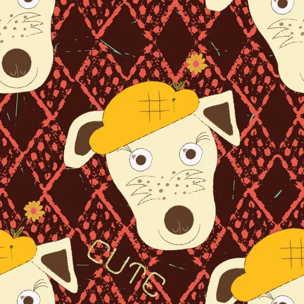 Usmívající se pes s řasami na velkých očích, pihy a žlutý klobouk hladké opakování vzor tisk pozadí — Stockový vektor