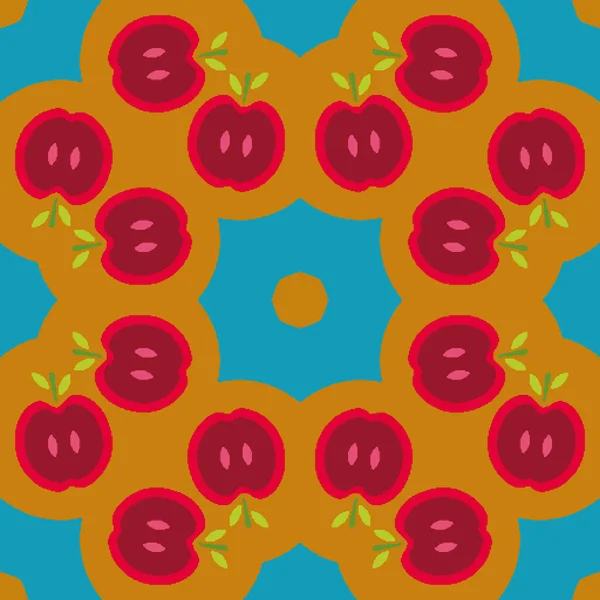 Manzanas medio rojo con hojas verdes vector sin costuras patrón de repetición de impresión — Archivo Imágenes Vectoriales