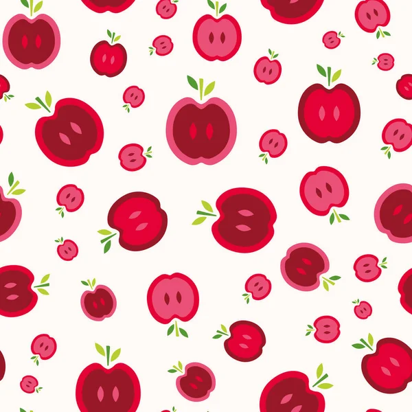 緑の葉のベクトルシームレスな繰り返しパターンを持つ半分の赤いリンゴ｜print — ストックベクタ