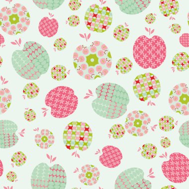 Renkli süslemelerle dolu Pastel renkli elmalar vektörsüz tekrarlanan desen arka planı