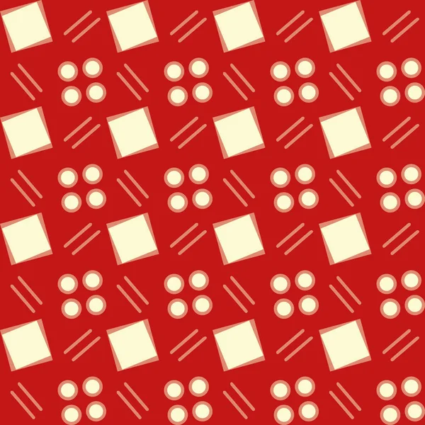 빨간색, 흰색, 옅은 분홍빛 장식에 네모, 점 및 줄무늬 벡터 실없는 반복 패턴 배경 인쇄 — 스톡 벡터