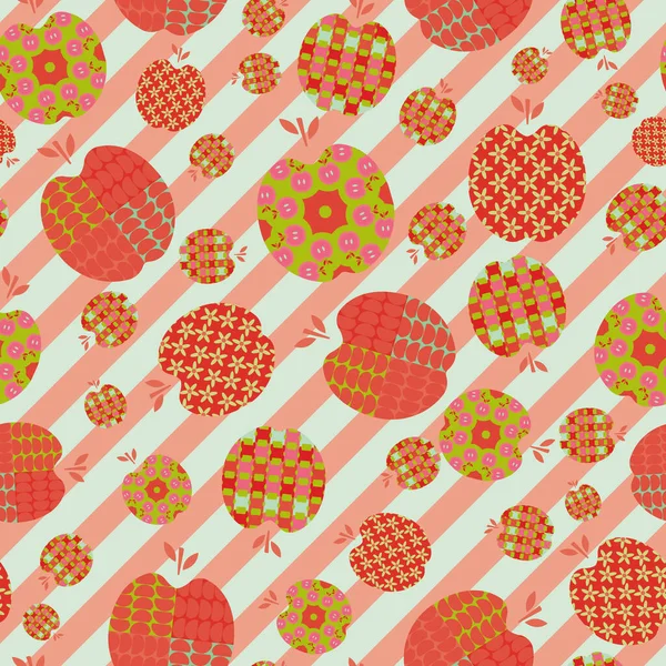 カラフルな装飾ベクトルシームレスリピートパターンプリントで満たされた色のリンゴ斜めのストライプの背景 — ストックベクタ