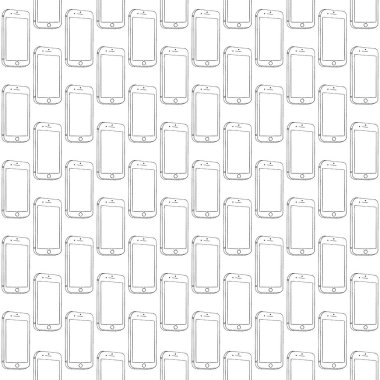 El çizimi siyah ve beyaz cep telefonu kusursuz vektör desen yazdırma arkaplanı