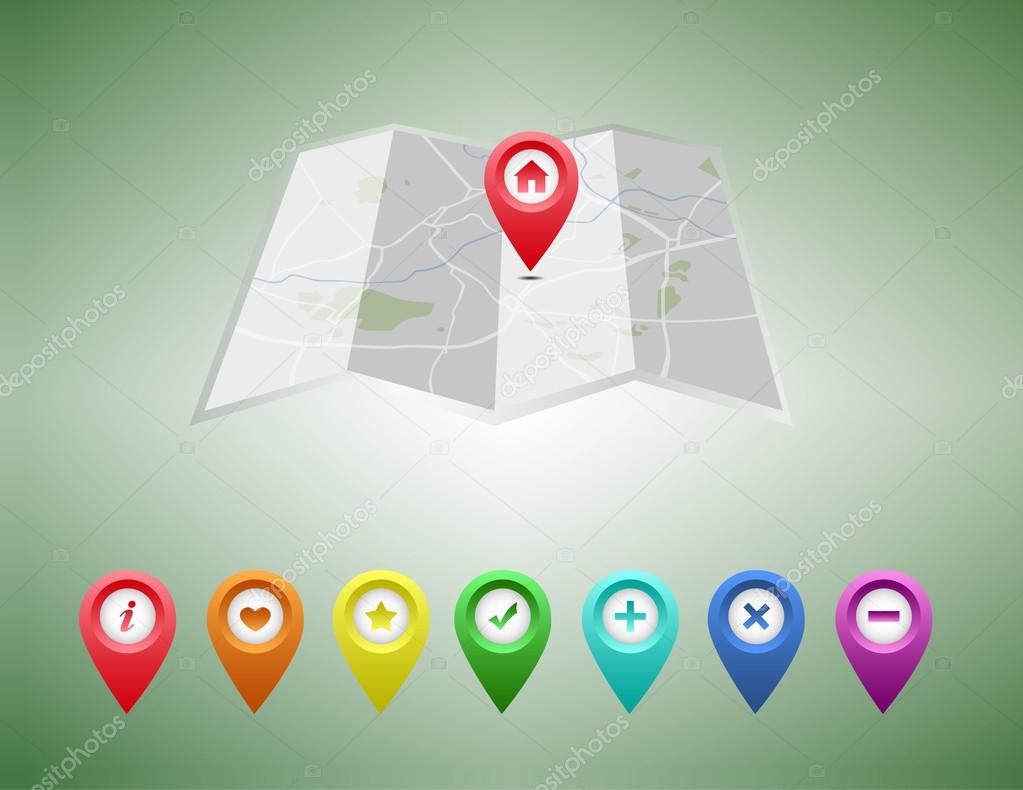 Vector map of the world and map navigation icons and pin on white background
