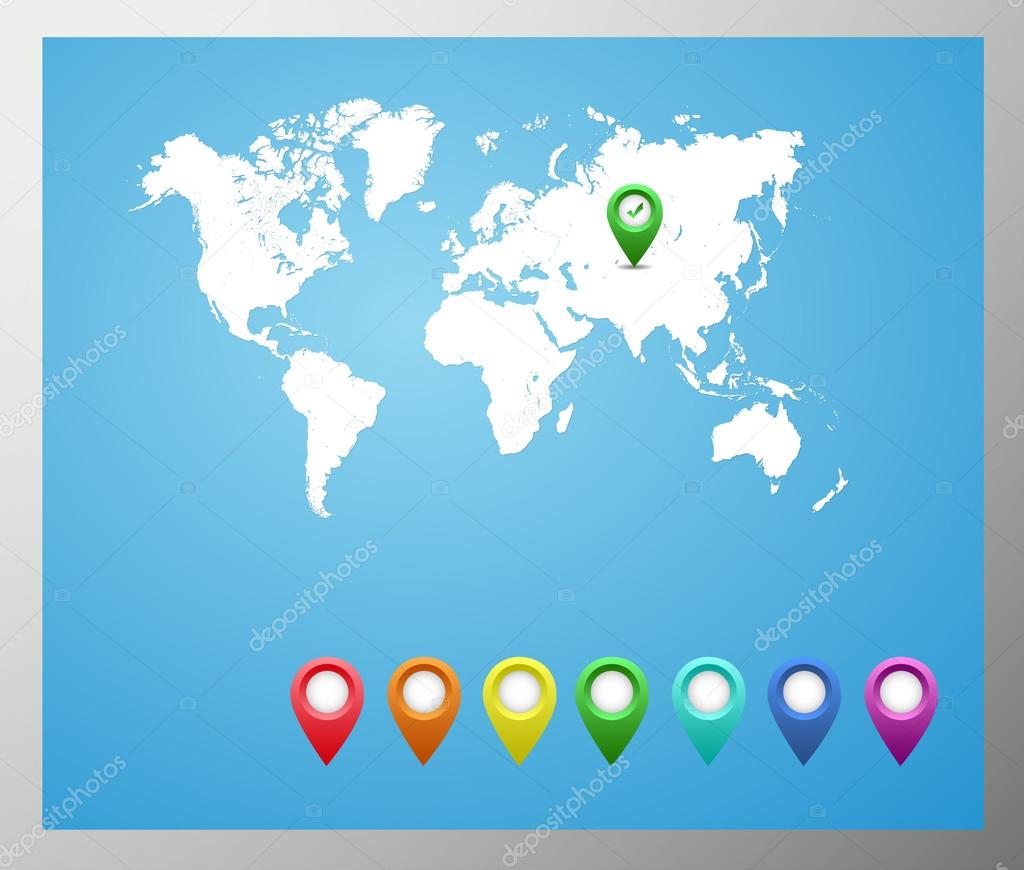 Vector map of the world and map navigation icons and pin on white background