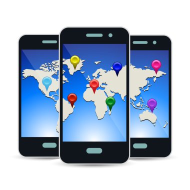 gps simge seti ile telefon ve vektör harita simgesi. Dünya Haritası