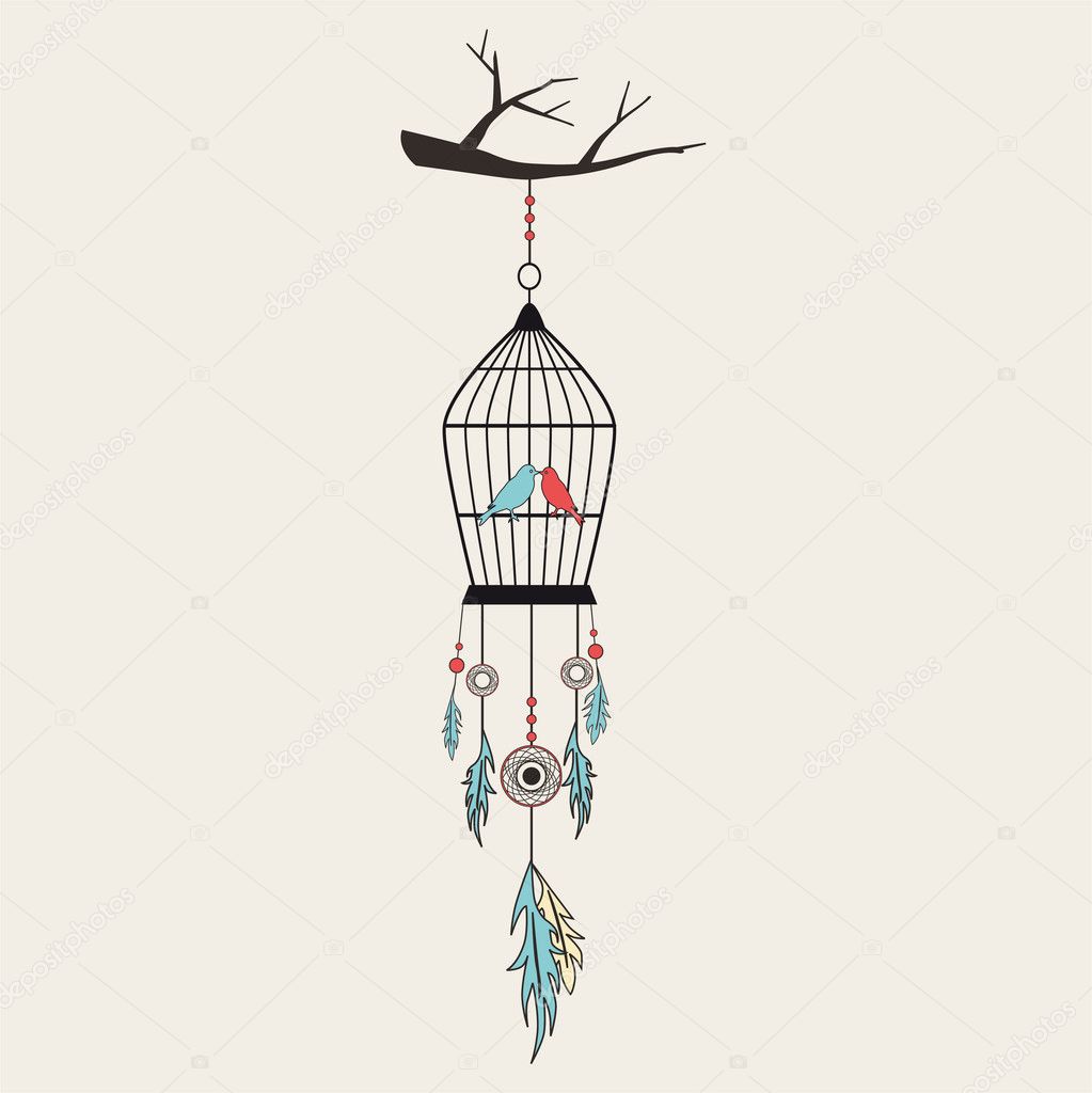 Vintage Bird Cage with colorful feathers and beads. Flat style