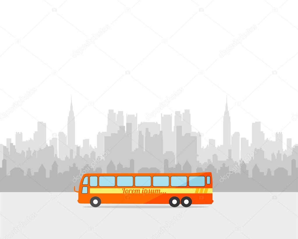 Vector bus on a city backdrop. Flat style