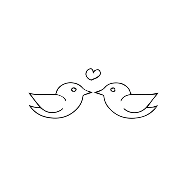 Illustration vectorielle en style doodle. Deux colombes et un cœur — Image vectorielle