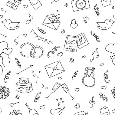 Karalama stilinde vektör kusursuz desen. Düğün ve tatil eşyaları.