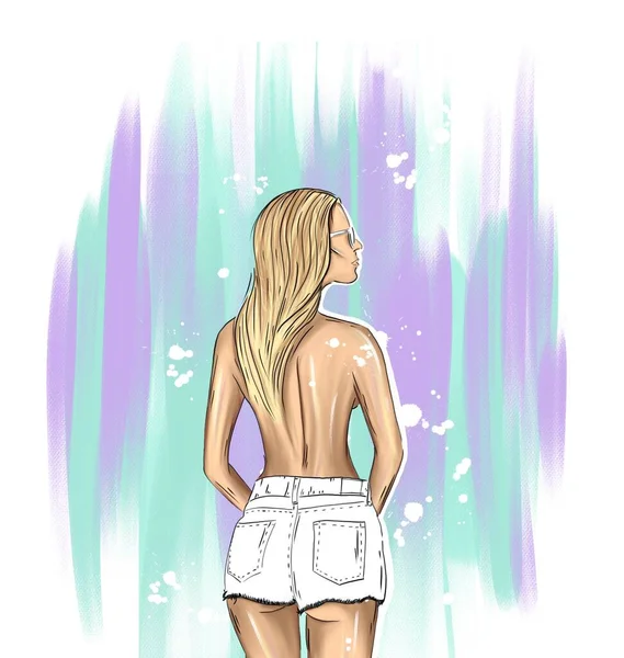 Mädchen Gezeichnet Modische Blondine Kurzen Hosen Mit Umgedrehtem Rücken — Stockfoto