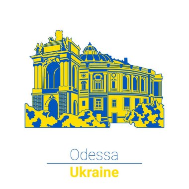Vektör görüntüsü. Odessa 'daki opera tiyatrosu. Ukrayna bayrak renkleri