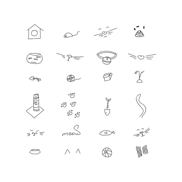 Vector icon set. Doodle cat items — Stock Vector
