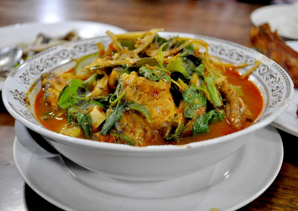 Thailändisches Essen - würzige Currysuppe mit Kräutern Stockbild