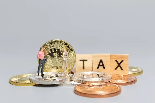 Oameni Miniaturali Afaceri Criptomonede Litere Din Lemn Tax Fundal Gri — Fotografie, imagine de stoc