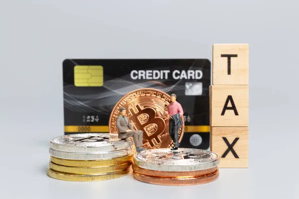 Pessoas Miniatura Empresário Com Crypto Moeda Letras Madeira Tax Fundo — Fotografia de Stock